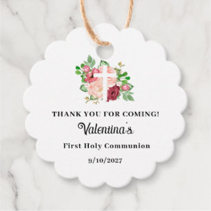 Étiquettes Cadeau Croix florale rose Première communion sainte Favor