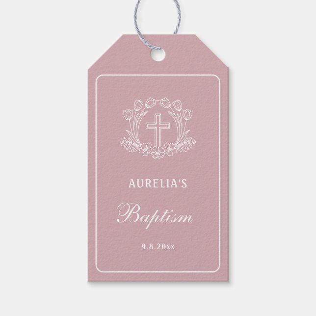 Étiquettes-cadeau Croix florale simple sur le baptême rose (Devant)