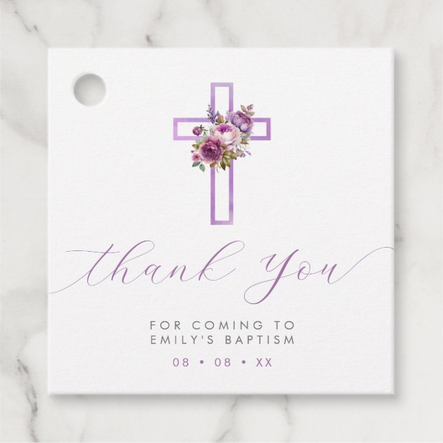 Étiquettes Cadeau Croix florale violet Merci de script moderne (Devant)