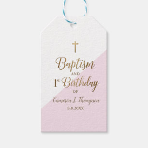 Étiquettes-cadeau Croix personnalisée en or rose pour baptême et 1er