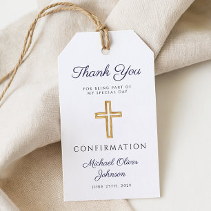 Étiquettes-cadeau Croix religieuse bleu marine garçon confirmation