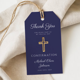 Étiquettes-cadeau Croix Religieuse Bleu Marine Garçon Confirmation