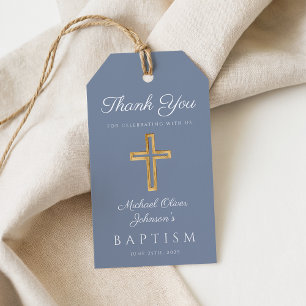 Étiquettes-cadeau Croix Religieuse Bleu Poussiéreux Garçon Baptême