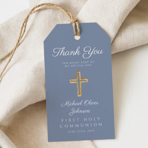 Étiquettes-cadeau Croix religieuse Dusty Blue Boy First Communion