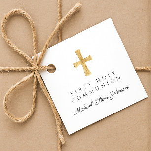 Étiquettes Cadeau Croix Religieuse Écriture Élégante Première Commun