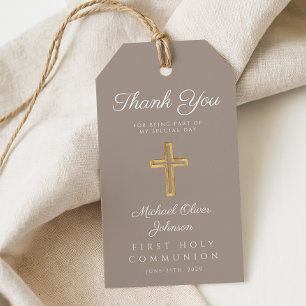 Étiquettes-cadeau Croix Religieuse Élégante Taupe Première Communion