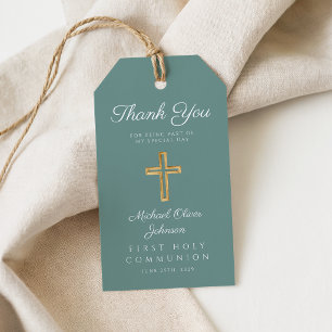 Étiquettes-cadeau Croix religieuse Garçon vert Première communion
