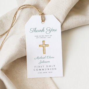 Étiquettes-cadeau Croix religieuse Garçon vert Première communion