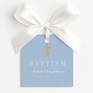Étiquettes Cadeau Croix religieuse moderne bébé bleu garçon baptême