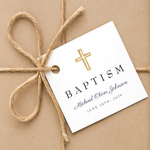 Étiquettes Cadeau Croix religieuse moderne bleu marine écriture bapt