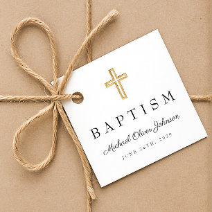 Étiquettes Cadeau Croix Religieuse Moderne Écriture Baptême
