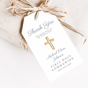 Étiquettes-cadeau Croix religieuse moderne Garçon Bleu Première Comm