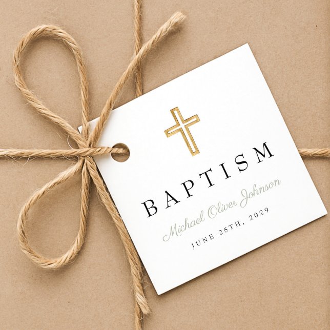 Étiquettes Cadeau Croix religieuse moderne Sage vert Script Baptême (Modern Religious Cross Sage Green Script Baptism Favor Tags)