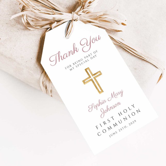 Étiquettes-cadeau Croix religieuse Première communion rose (Religious Cross Girl Pink First Communion Gift Tags)