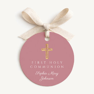 Étiquettes Cadeau Croix Religieuse Rose Élégante Première Communion