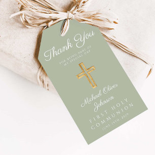 Étiquettes-cadeau Croix religieuse Sage Green Première communion