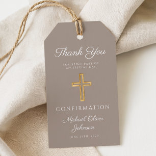 Étiquettes-cadeau Croix Religieuse Taupe Moderne Garçon Confirmation