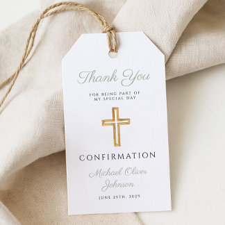 Étiquettes-cadeau Croix Religieuse Vert Sauge Garçon Confirmation