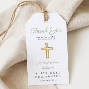 Étiquettes-cadeau Croix religieuse vert sauge Première communion