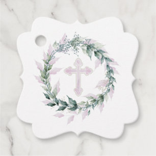 Étiquettes Cadeau Croix rose de couronne Communion Baptême Christeni