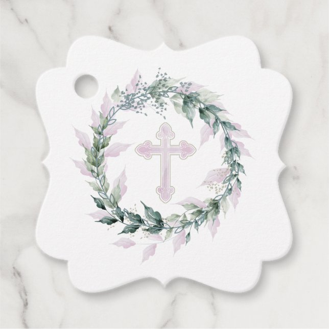 Étiquettes Cadeau Croix rose de couronne Communion Baptême Christeni (Devant)