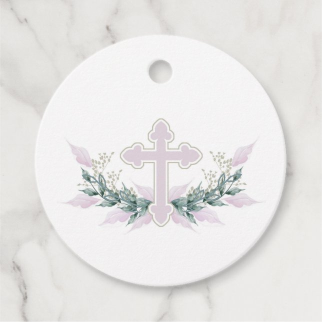 Étiquettes Cadeau Croix rose de couronne Communion Baptême Christeni (Devant)