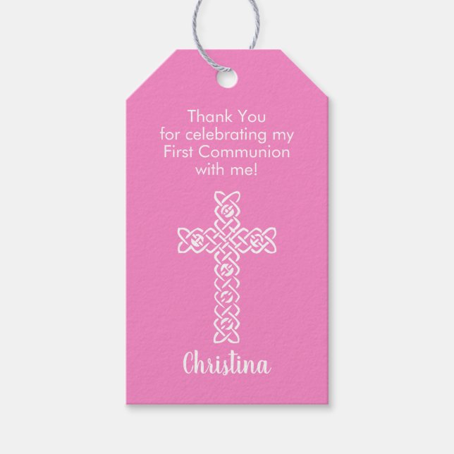 Étiquettes-cadeau Croix | Taffy Pink Communion Baptism Christening (Devant)