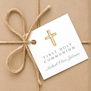 Étiquettes Cadeau Croix verte élégante Garçon Première communion