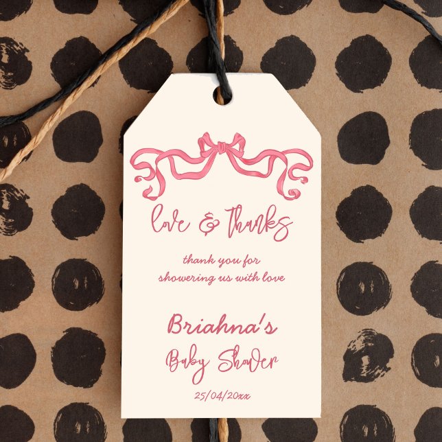 Étiquettes-cadeau Croquis arc-en-ciel rose baby shower en faveur (Pink ribbon bow sketch baby shower thank you favor gift tags handwritten scribble sketch whimsical )