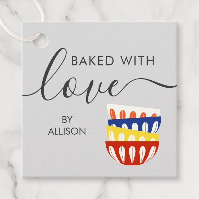 Étiquettes Cadeau 'Cuisiné avec Amour', Bols Rétro (Devant)