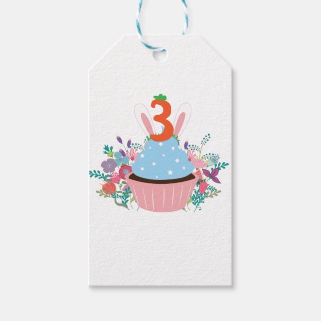 Étiquettes-cadeau Cupcake lapin de 3 ans (Devant)