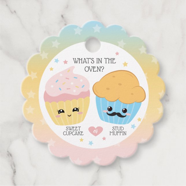 Étiquettes Cadeau Cupcake ou Stud Muffin Révélation de genre (Devant)