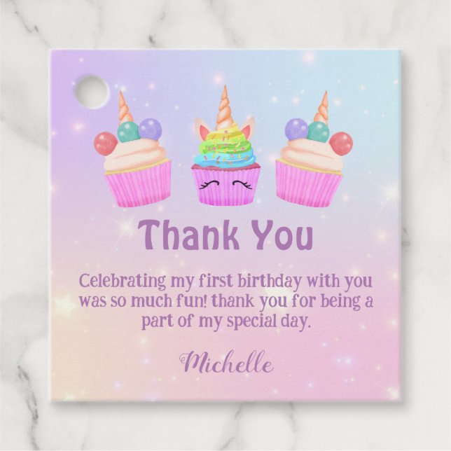 Étiquettes Cadeau cupcakes arc-en-ciel merci fille 1er anniversaire  (Devant)