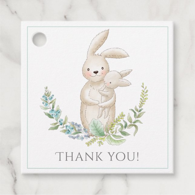 Étiquettes Cadeau Cute Animaux Bunny Baby shower vert personnalisé (Devant)