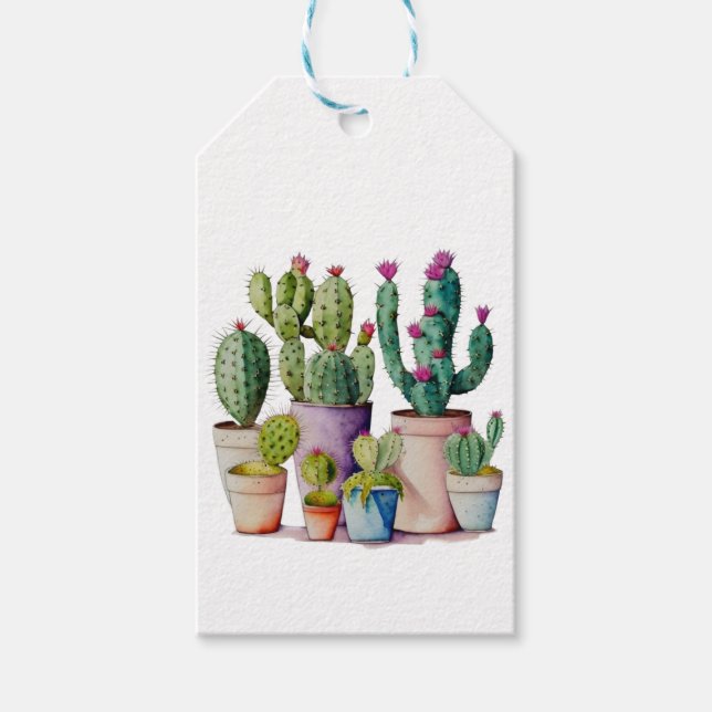 Étiquettes-cadeau Cute aquarelle cactus succulents dans les pots (Devant)