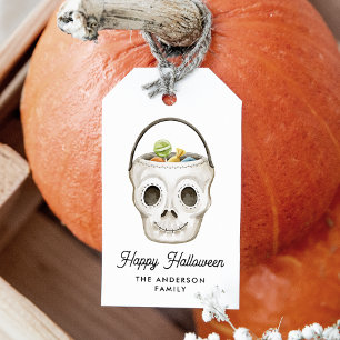 Étiquettes-cadeau Cute aquarelle Crâne traiter Bucket Halloween