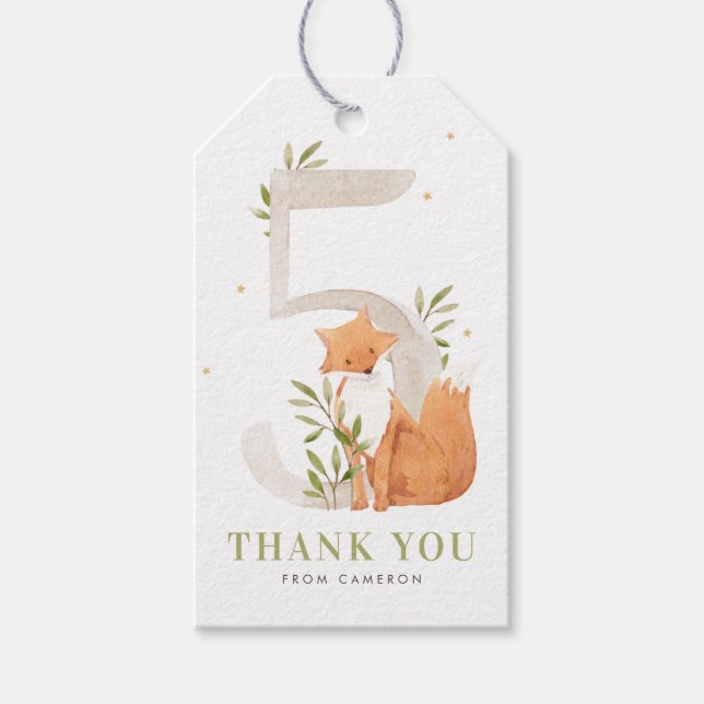 Étiquettes-cadeau Cute aquarelle Fox Woodland Cinquième fête d'anniv (Devant)