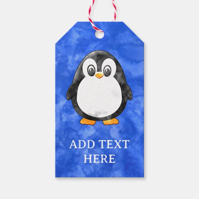 Étiquettes-cadeau Cute Aquarelle Pingouin bleu (Devant)