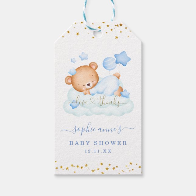 Étiquettes-cadeau Cute Aquarelle Teddy Bear Baby shower garçon (Devant)