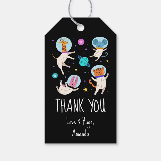 Étiquettes-cadeau Cute astronaute Animaux flottant dans le Merci spa (Devant)