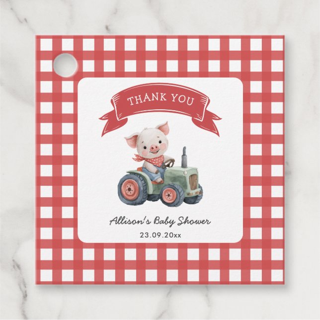 Étiquettes Cadeau Cute Baby shower de cochon Barnyard Rouge (Devant)