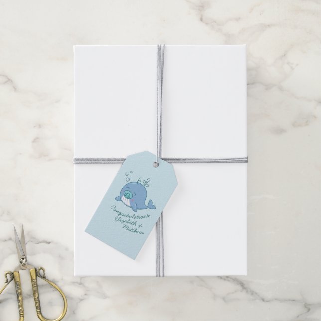 Étiquettes-cadeau Cute baleine Baby shower Kawaii Boy Blue (Avec de la ficelle)