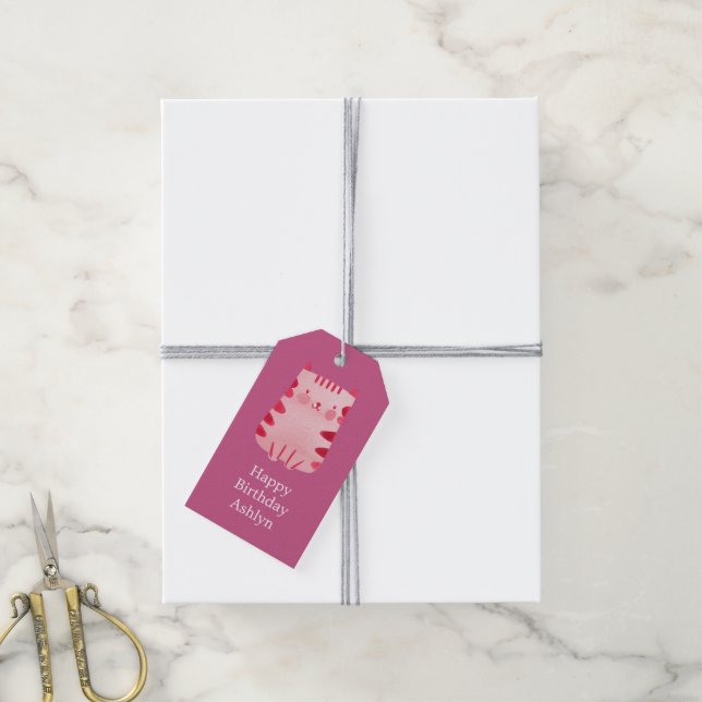 Étiquettes-cadeau Cute Blanc Rose Chat Anniversaire Personnalisé (Avec de la ficelle)