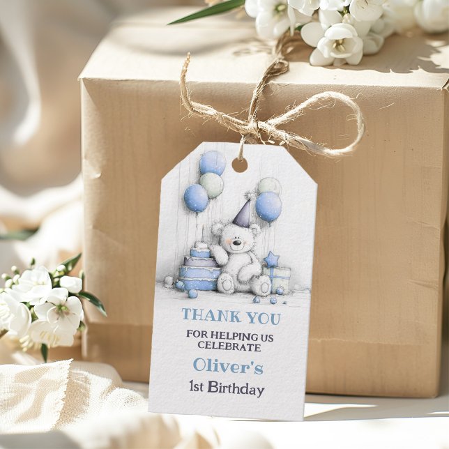 Étiquettes-cadeau Cute bleu Teddy Bear 1er Merci d'anniversaire (Créateur téléchargé)