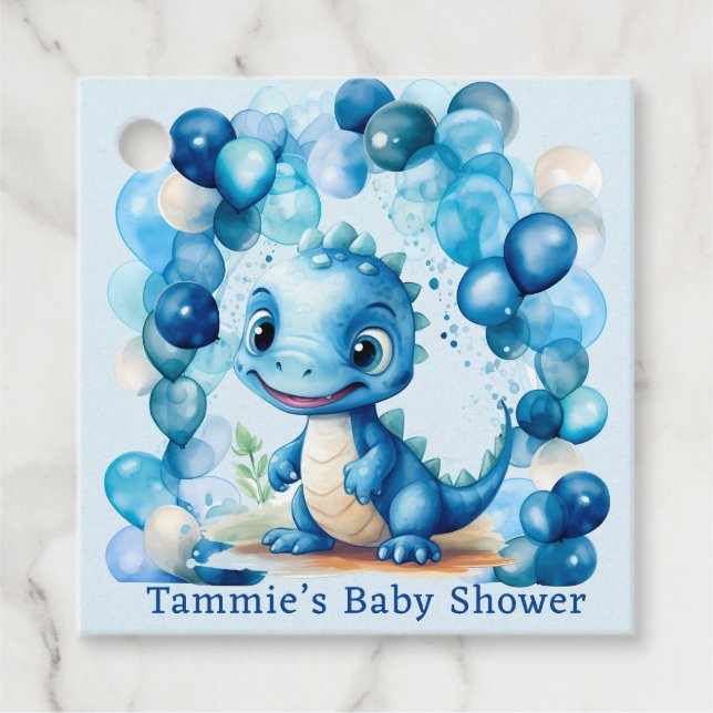 Étiquettes Cadeau Cute Blue Dinosaur Ballons Baby shower garçon (Devant)