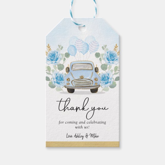 Étiquettes-cadeau Cute Blue Gold Car Floral Baby shower d'aventure (Devant)