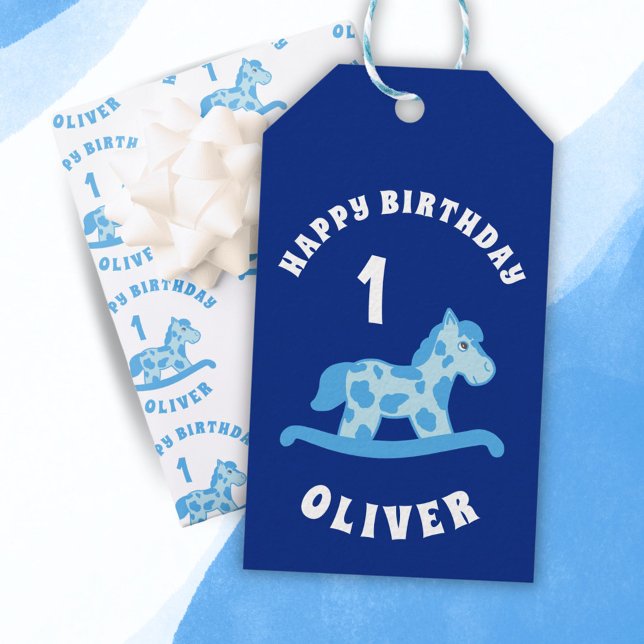 Étiquettes-cadeau Cute Blue Rocking Horse Boy 1er Anniversaire (Créateur téléchargé)