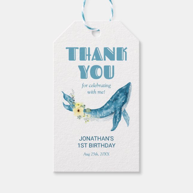 Étiquettes-cadeau Cute Blue Whale Jaune Floral Merci d'anniversaire (Devant)