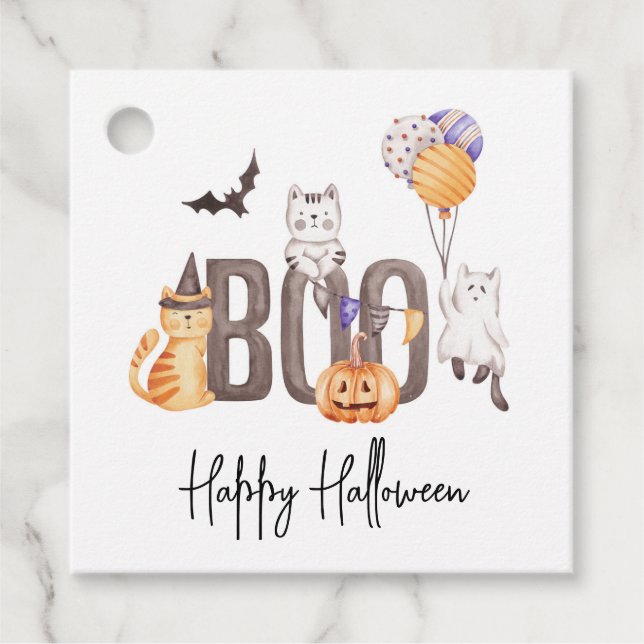 Étiquettes Cadeau Cute Boo Joyeux Halloween Chats Fantômes Citrouill (Devant)