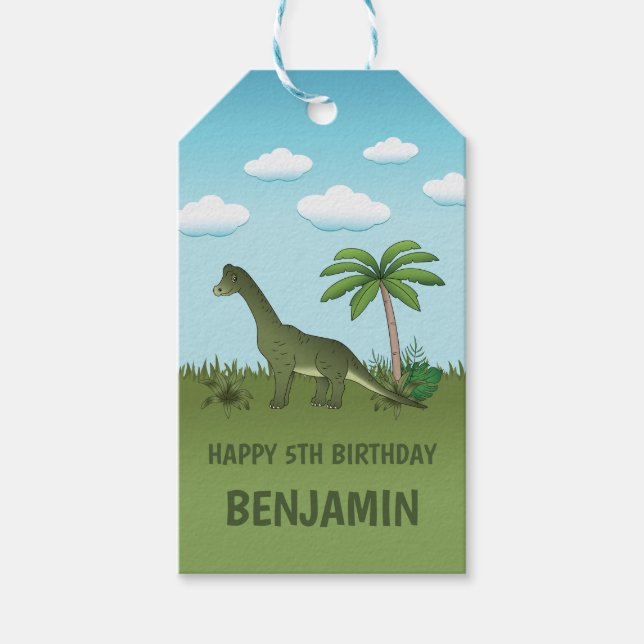 Étiquettes-cadeau Cute Brachiosaurus Dinosaur Joyeux Anniversaire No (Devant)